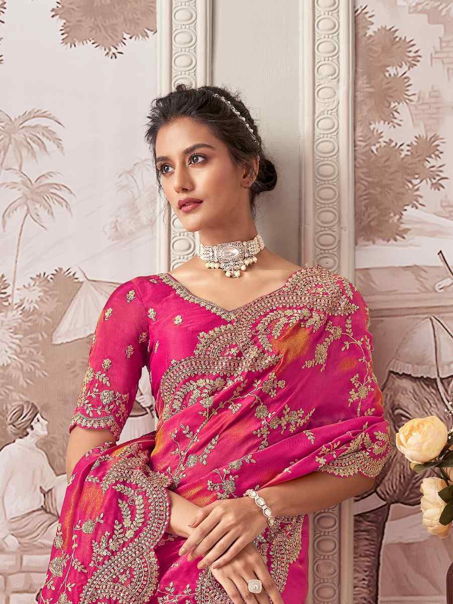 Pink Silk Embroidered Festival Wedding Fancy Heavy Border Saree