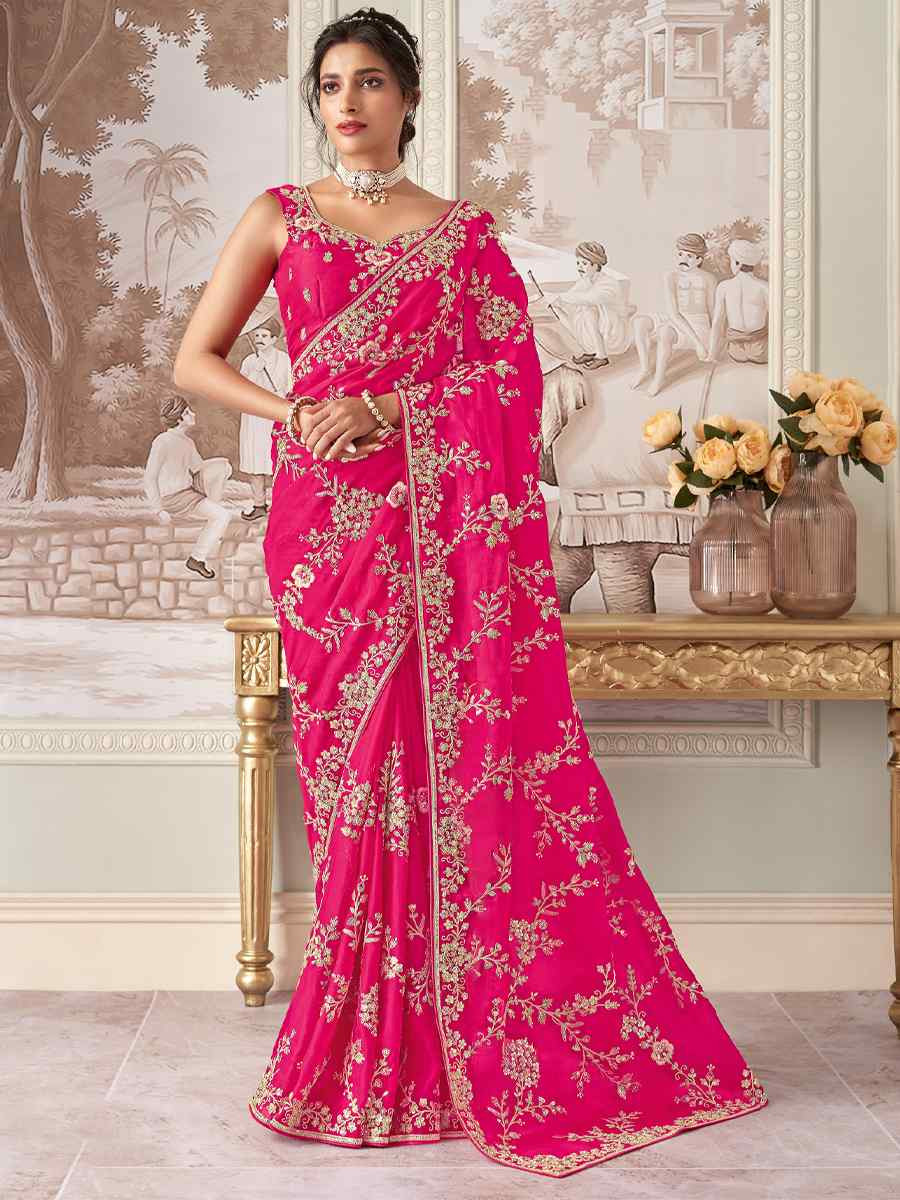 Pink Silk Embroidered Festival Wedding Fancy Heavy Border Saree