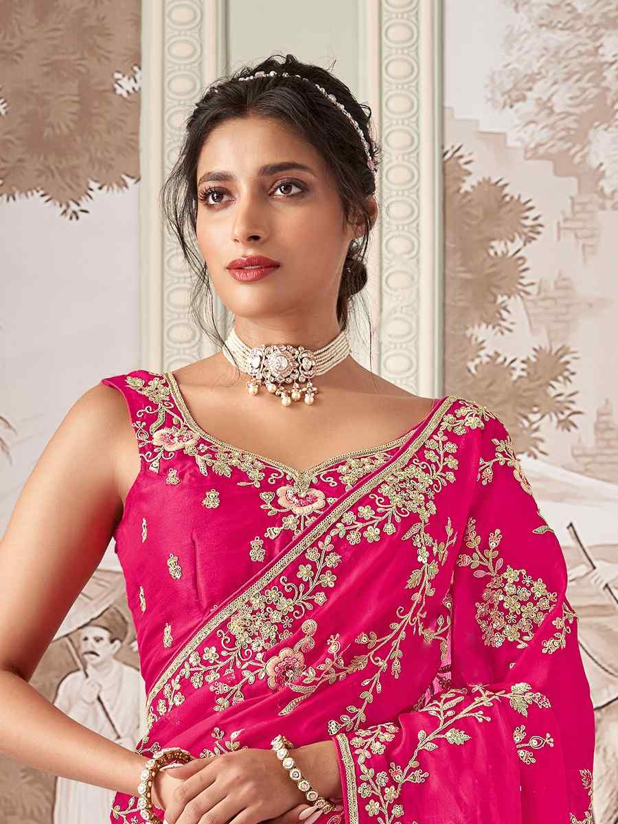 Pink Silk Embroidered Festival Wedding Fancy Heavy Border Saree