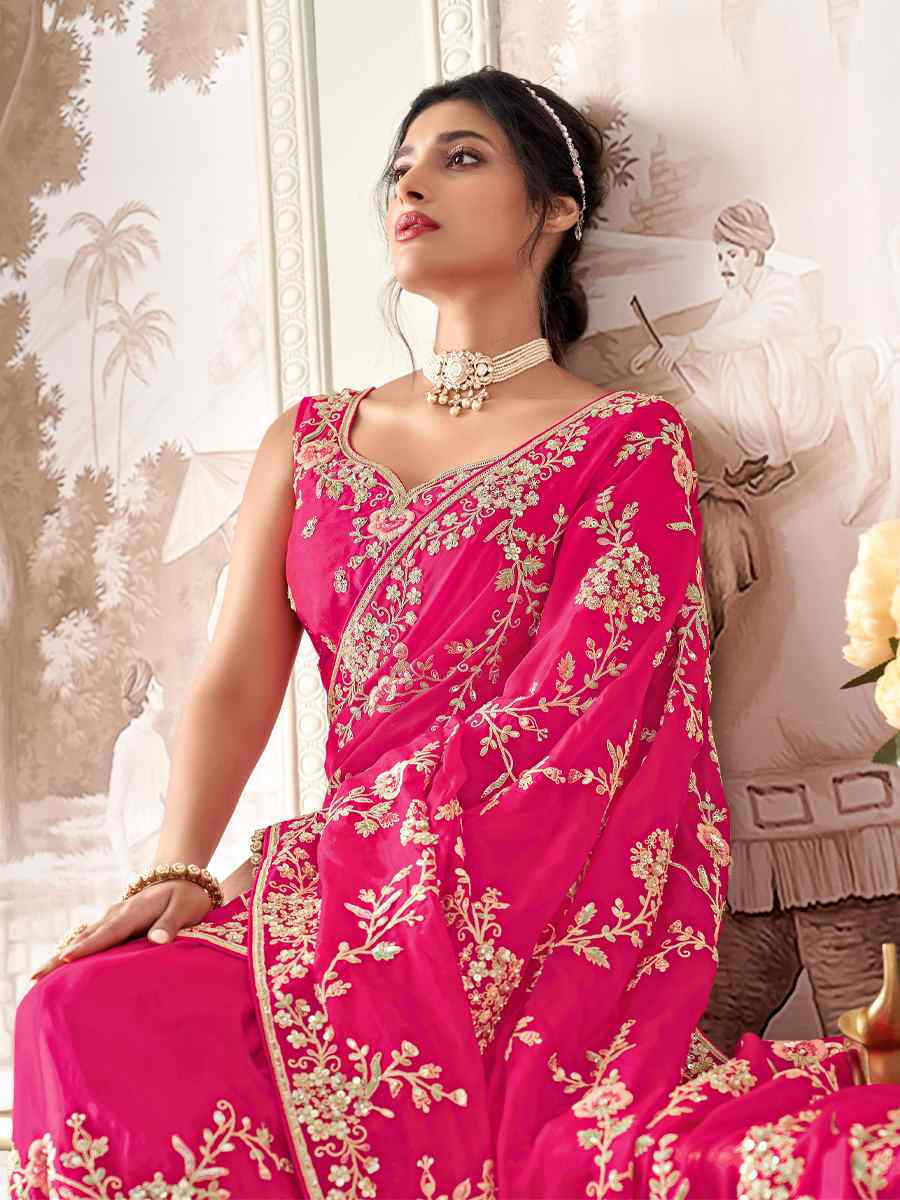 Pink Silk Embroidered Festival Wedding Fancy Heavy Border Saree