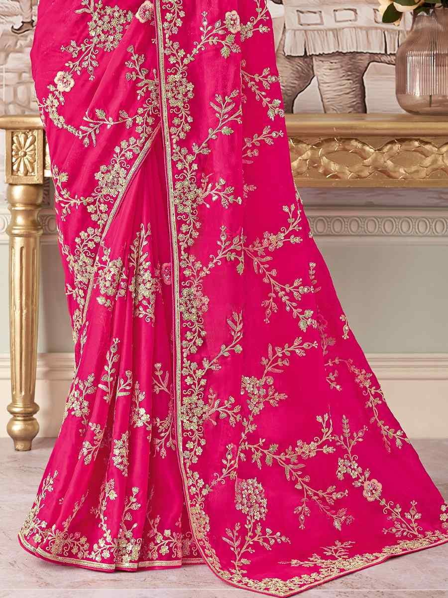 Pink Silk Embroidered Festival Wedding Fancy Heavy Border Saree
