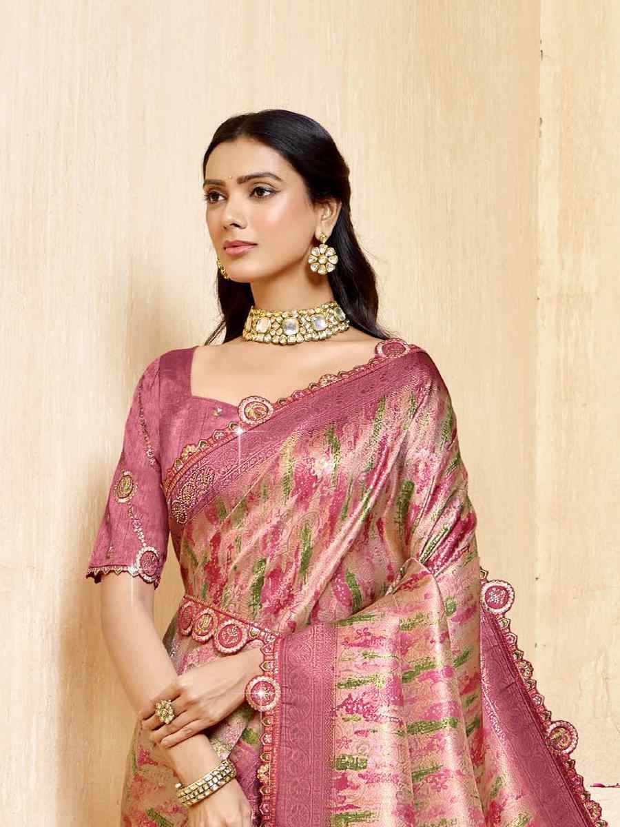 Pink Silk Embroidered Festival Wedding Fancy Heavy Border Saree