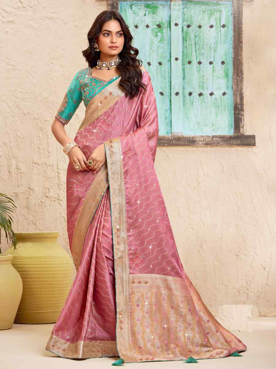 Pink Silk Embroidered Festival Wedding Fancy Heavy Border Saree