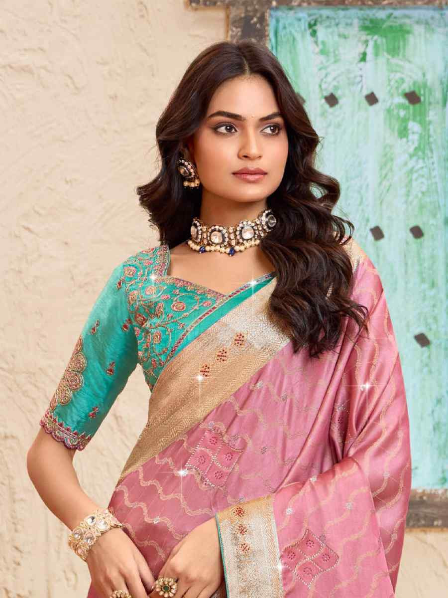 Pink Silk Embroidered Festival Wedding Fancy Heavy Border Saree