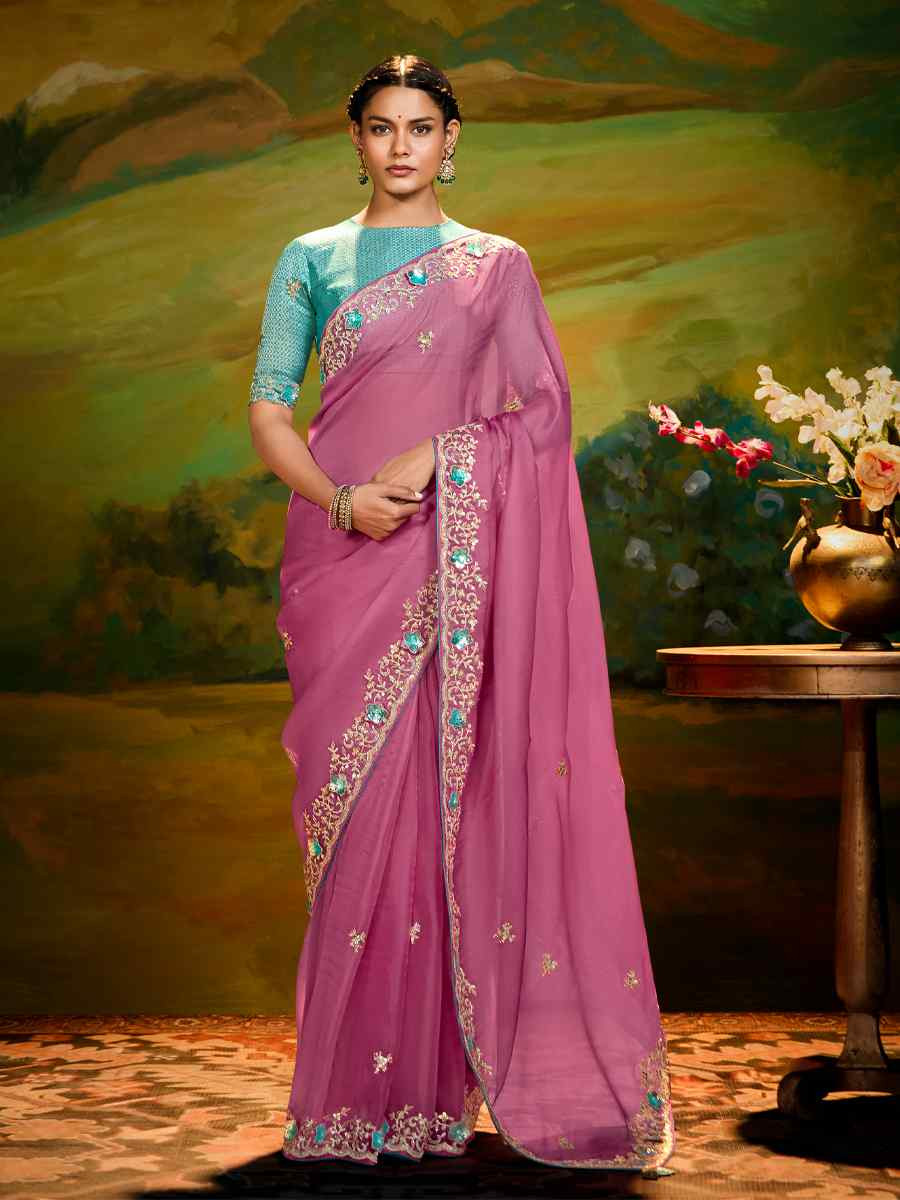 Pink Silk Embroidered Festival Wedding Fancy Heavy Border Saree