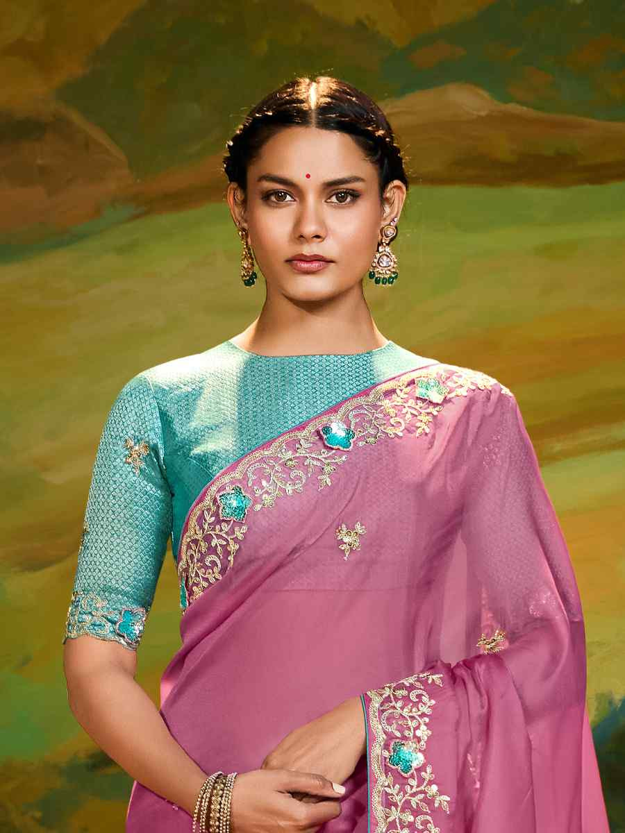Pink Silk Embroidered Festival Wedding Fancy Heavy Border Saree