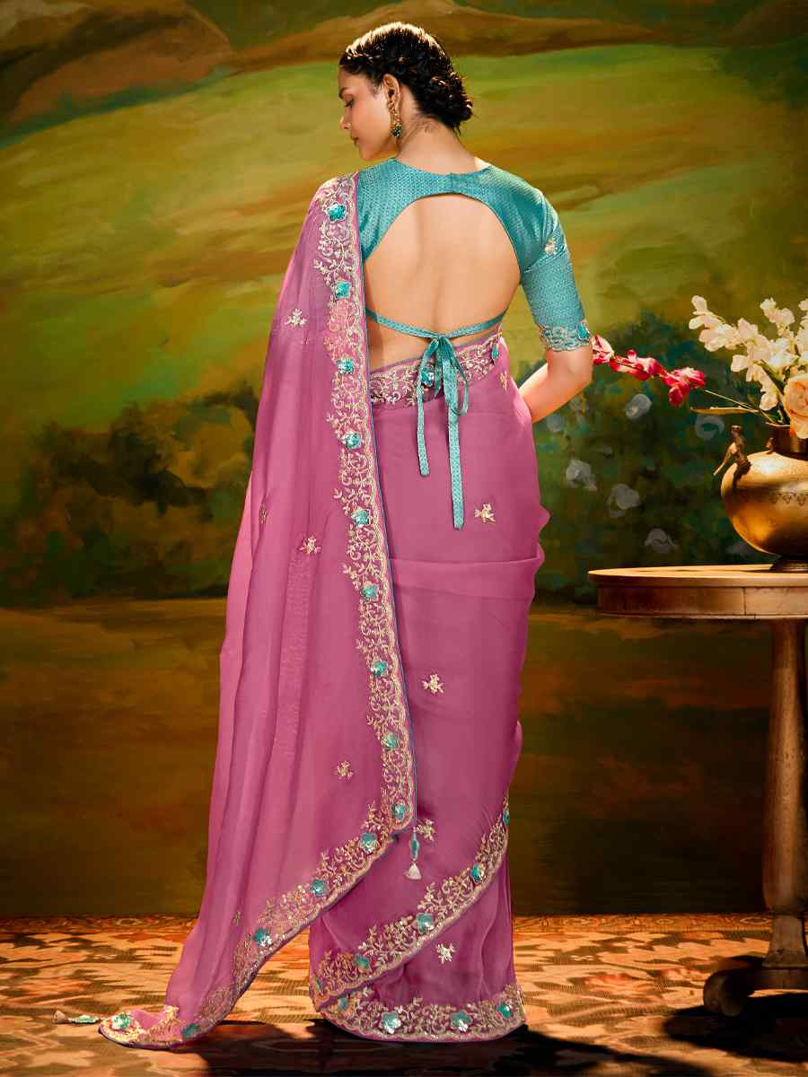 Pink Silk Embroidered Festival Wedding Fancy Heavy Border Saree