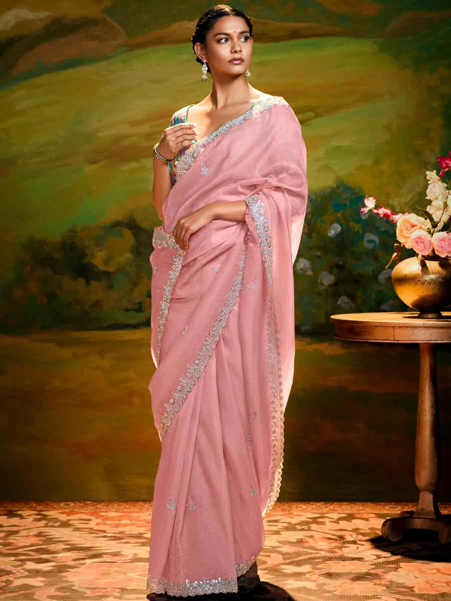 Pink Silk Embroidered Festival Wedding Fancy Heavy Border Saree