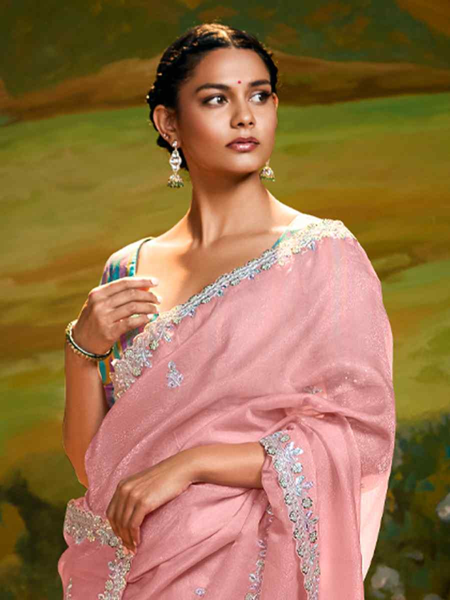 Pink Silk Embroidered Festival Wedding Fancy Heavy Border Saree