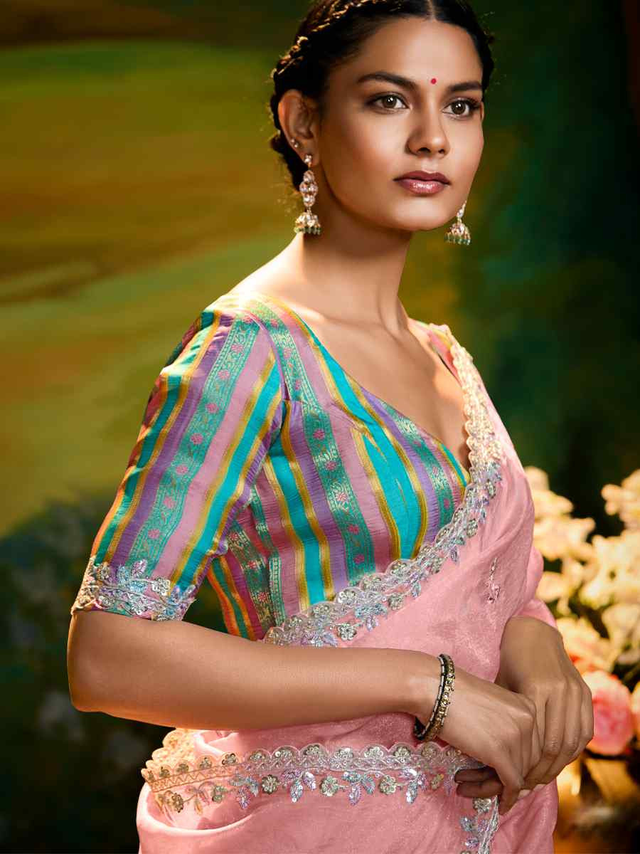 Pink Silk Embroidered Festival Wedding Fancy Heavy Border Saree