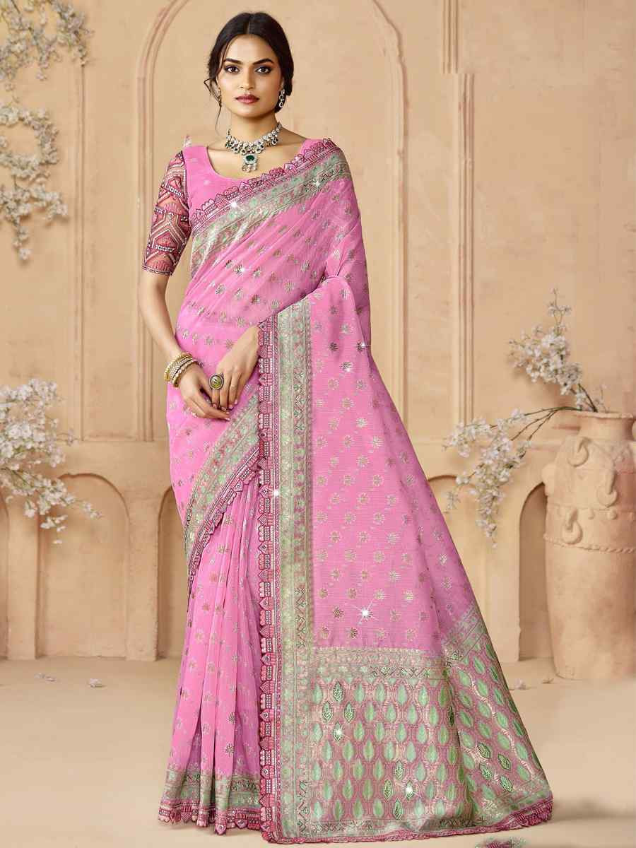 Pink Silk Embroidered Festival Wedding Fancy Heavy Border Saree