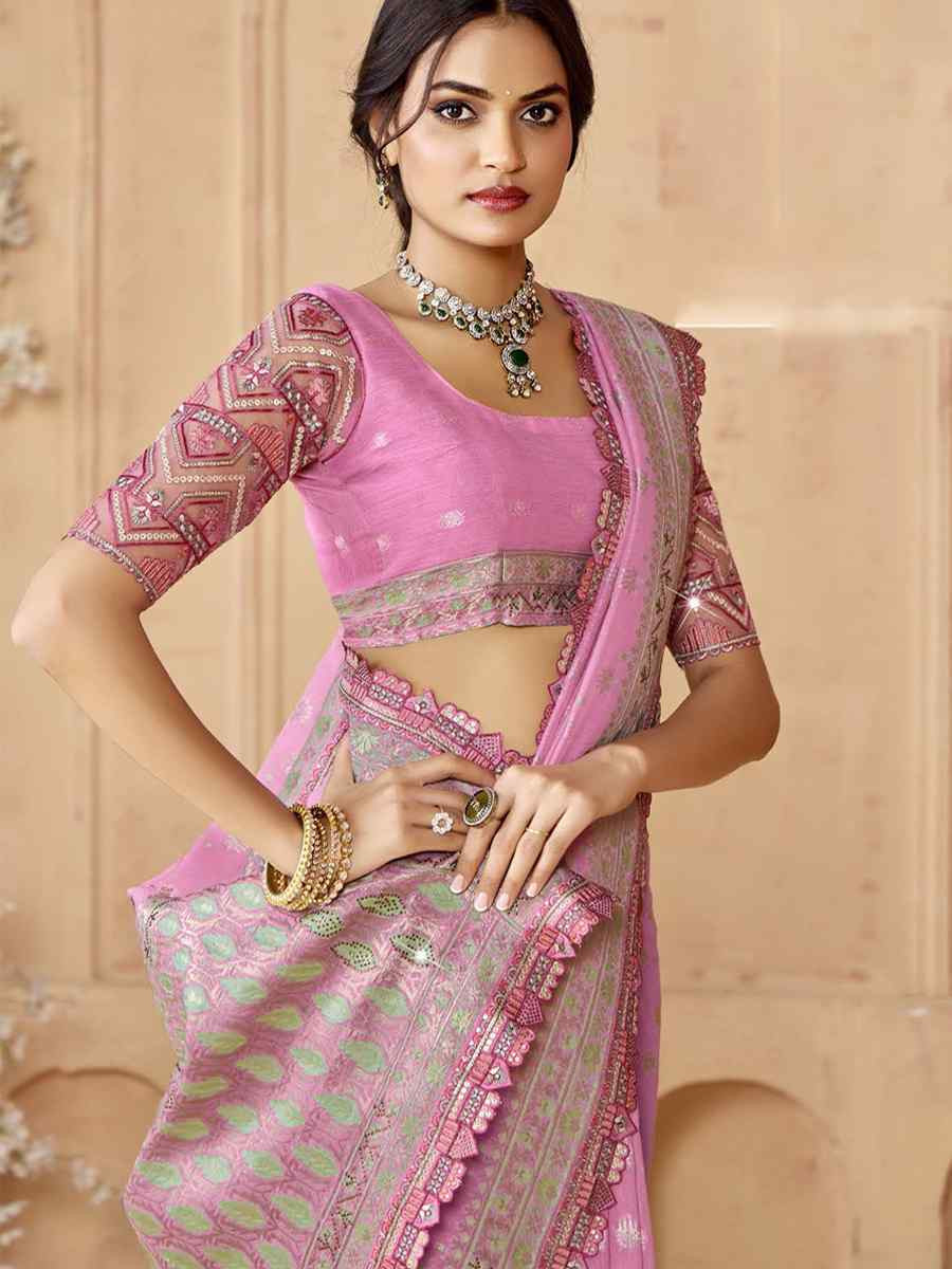 Pink Silk Embroidered Festival Wedding Fancy Heavy Border Saree