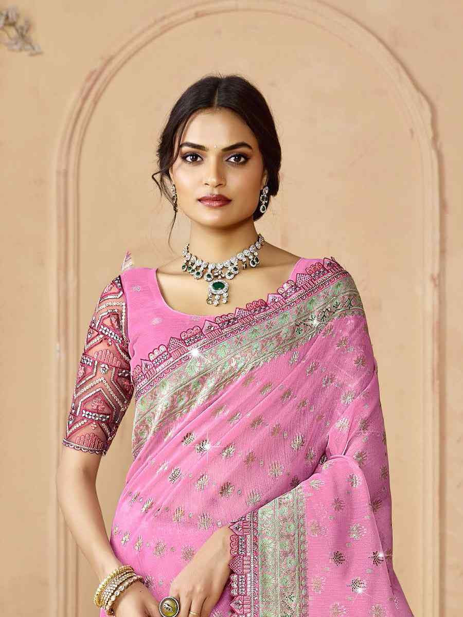 Pink Silk Embroidered Festival Wedding Fancy Heavy Border Saree