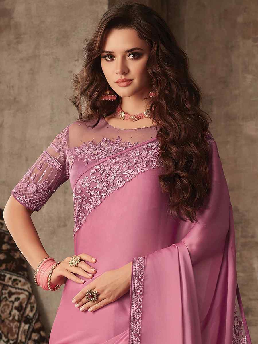 Pink Silk Embroidered Party Festival Classic Style Saree