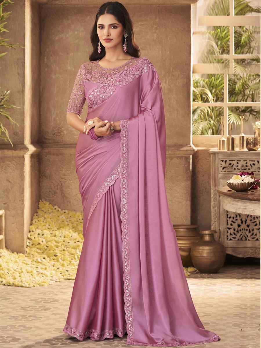 Pink Silk Embroidered Party Festival Classic Style Saree