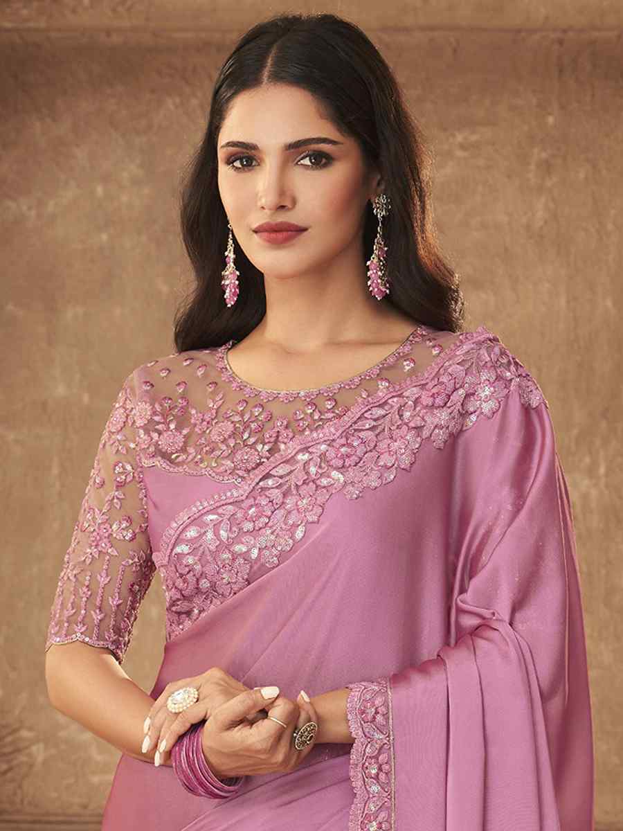 Pink Silk Embroidered Party Festival Classic Style Saree
