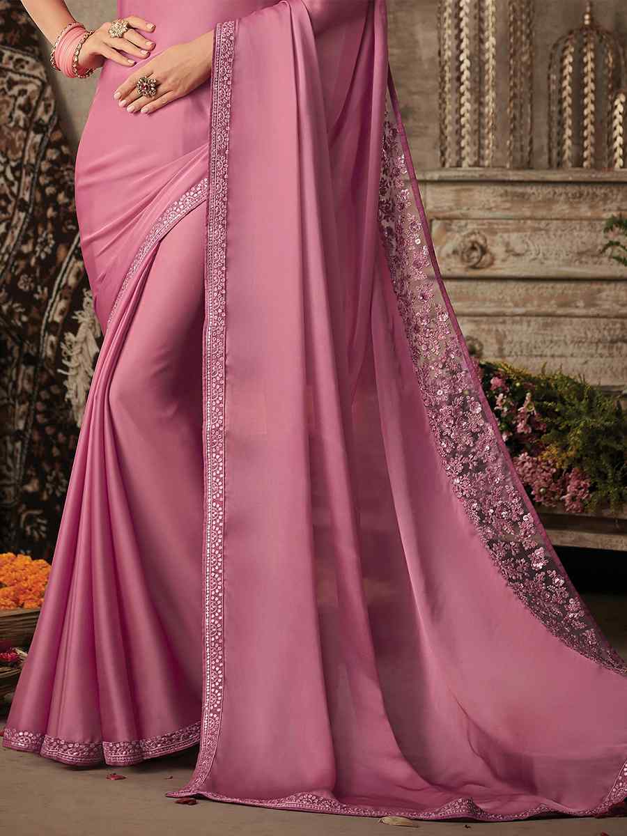 Pink Silk Embroidered Party Festival Classic Style Saree