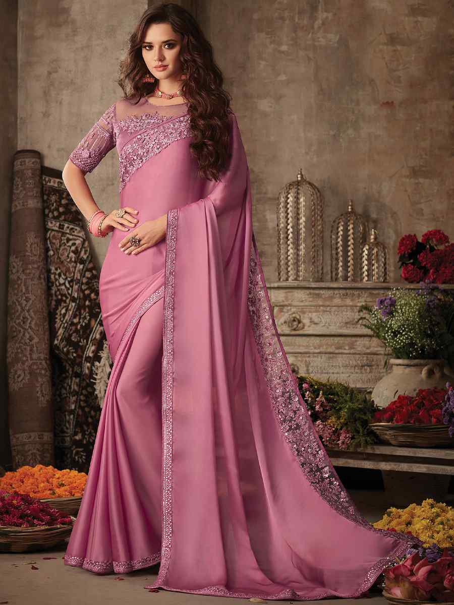 Pink Silk Embroidered Party Festival Classic Style Saree