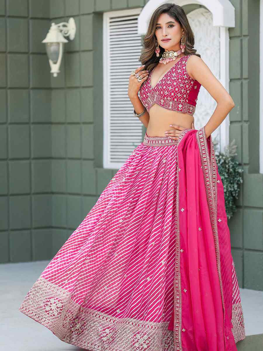 Pink Silk Embroidered Printed Wedding Reception Festival Heavy Border Lehenga Choli