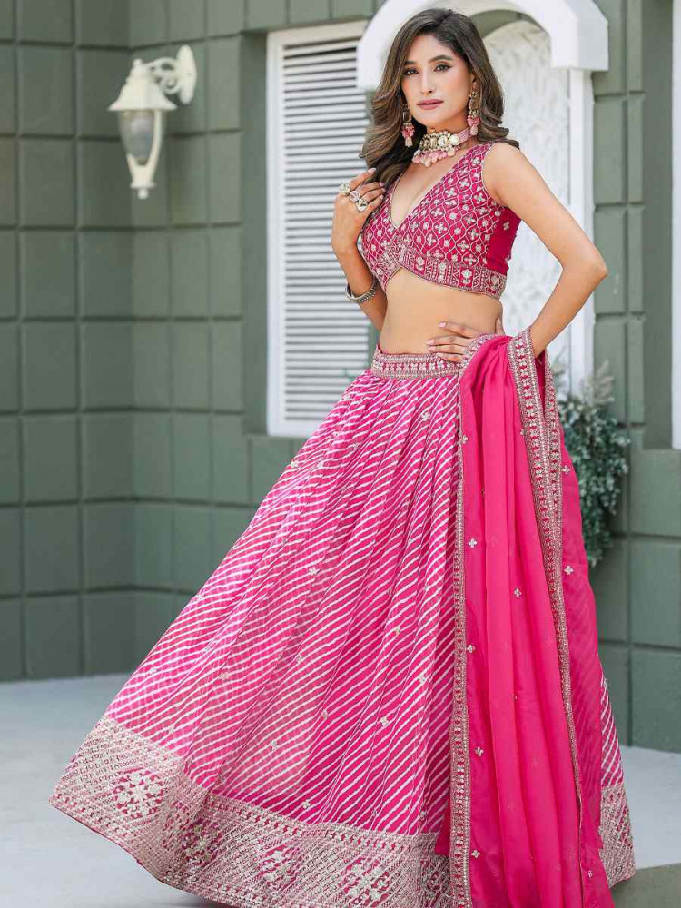 Image of Pink Silk Embroidered Printed Wedding Reception Festival Heavy Border Lehenga Choli