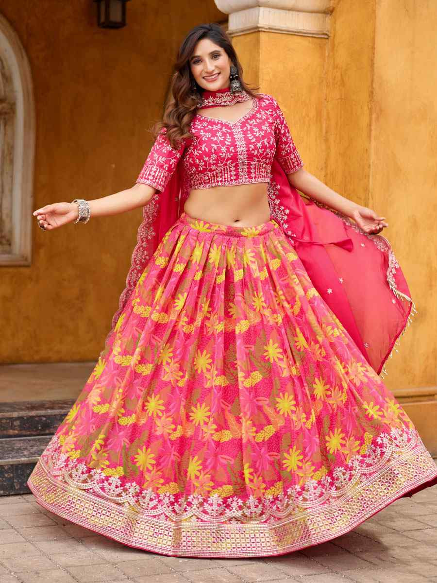 Pink Silk Embroidered Printed Wedding Reception Festival Heavy Border Lehenga Choli