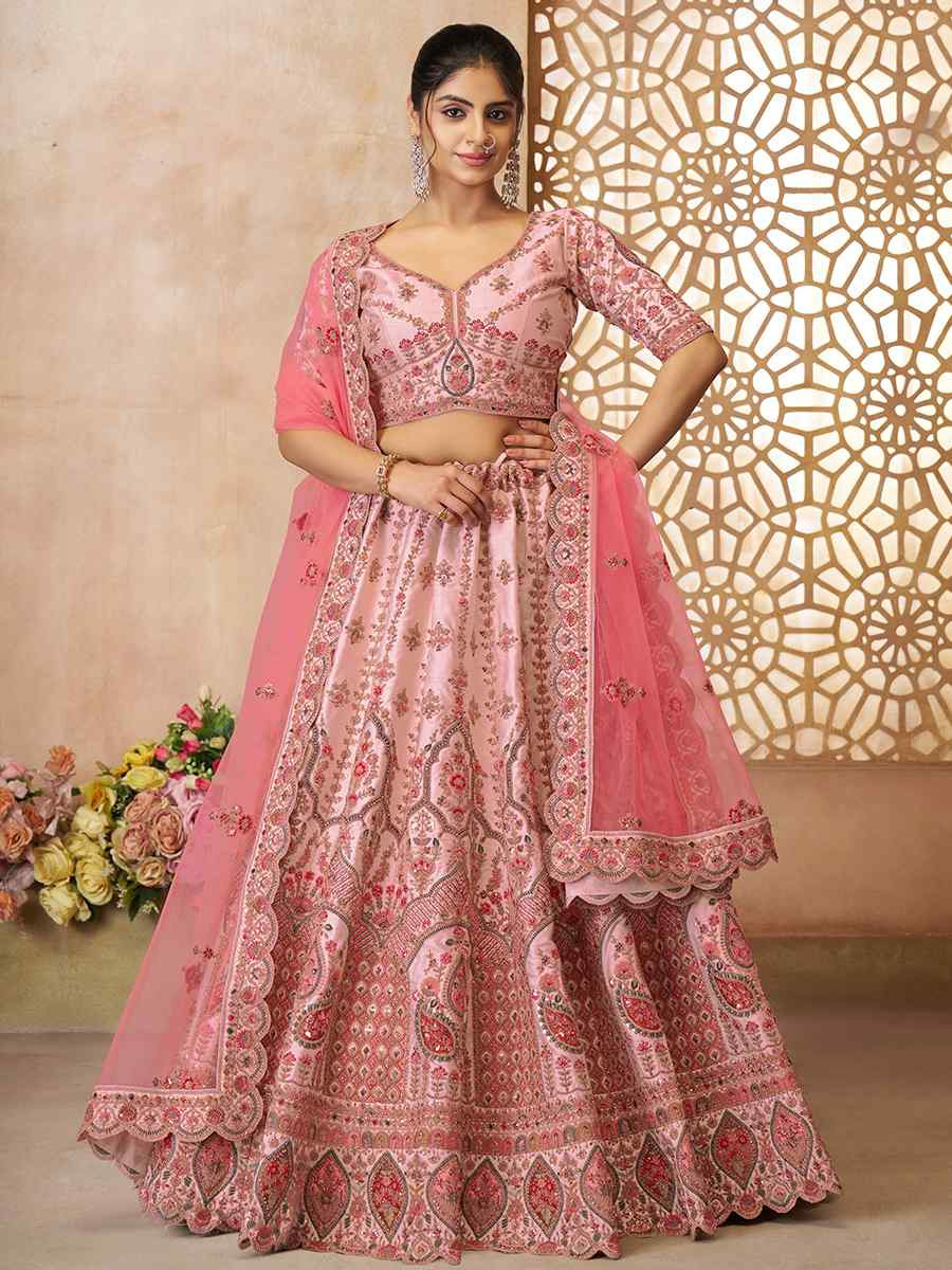 Pink Silk Embroidered Wedding Bridesmaid Heavy Border Lehenga Choli