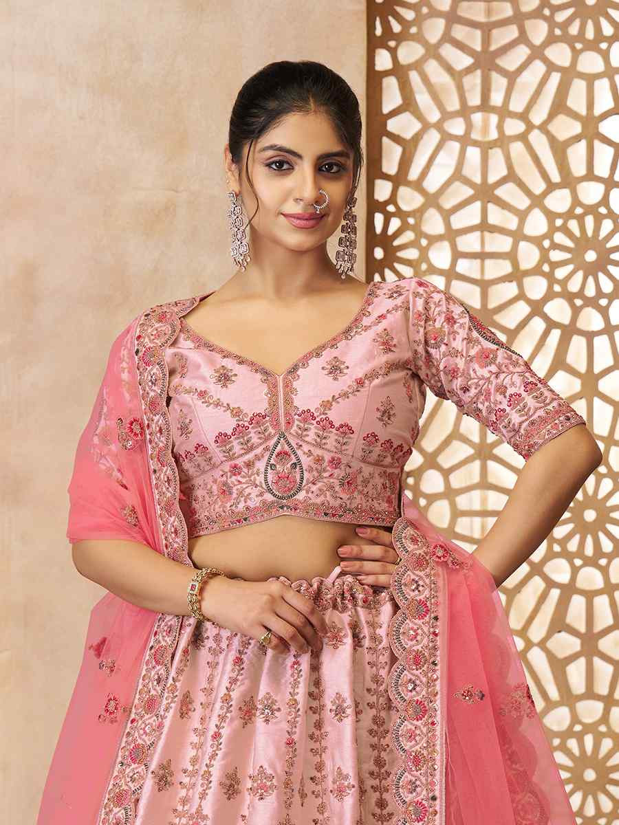 Pink Silk Embroidered Wedding Bridesmaid Heavy Border Lehenga Choli
