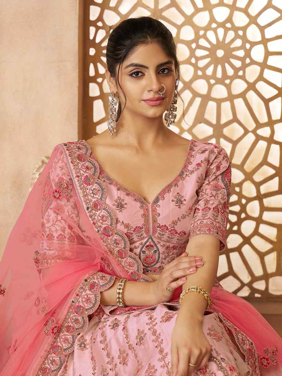 Pink Silk Embroidered Wedding Bridesmaid Heavy Border Lehenga Choli