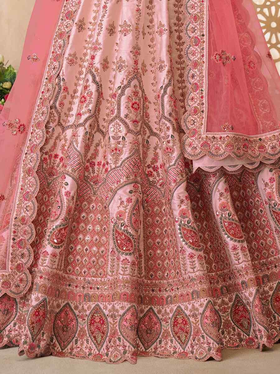 Pink Silk Embroidered Wedding Bridesmaid Heavy Border Lehenga Choli