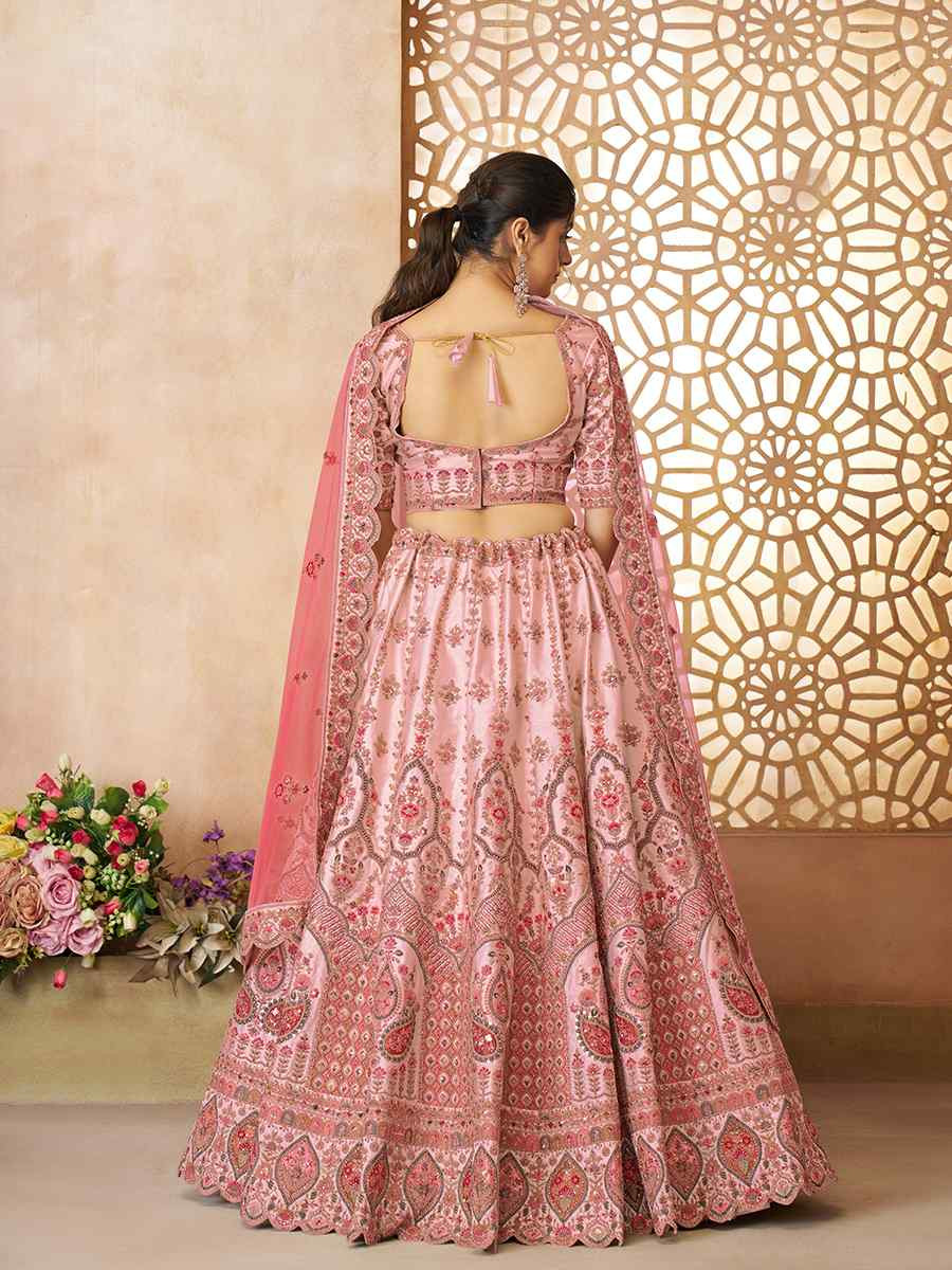 Pink Silk Embroidered Wedding Bridesmaid Heavy Border Lehenga Choli