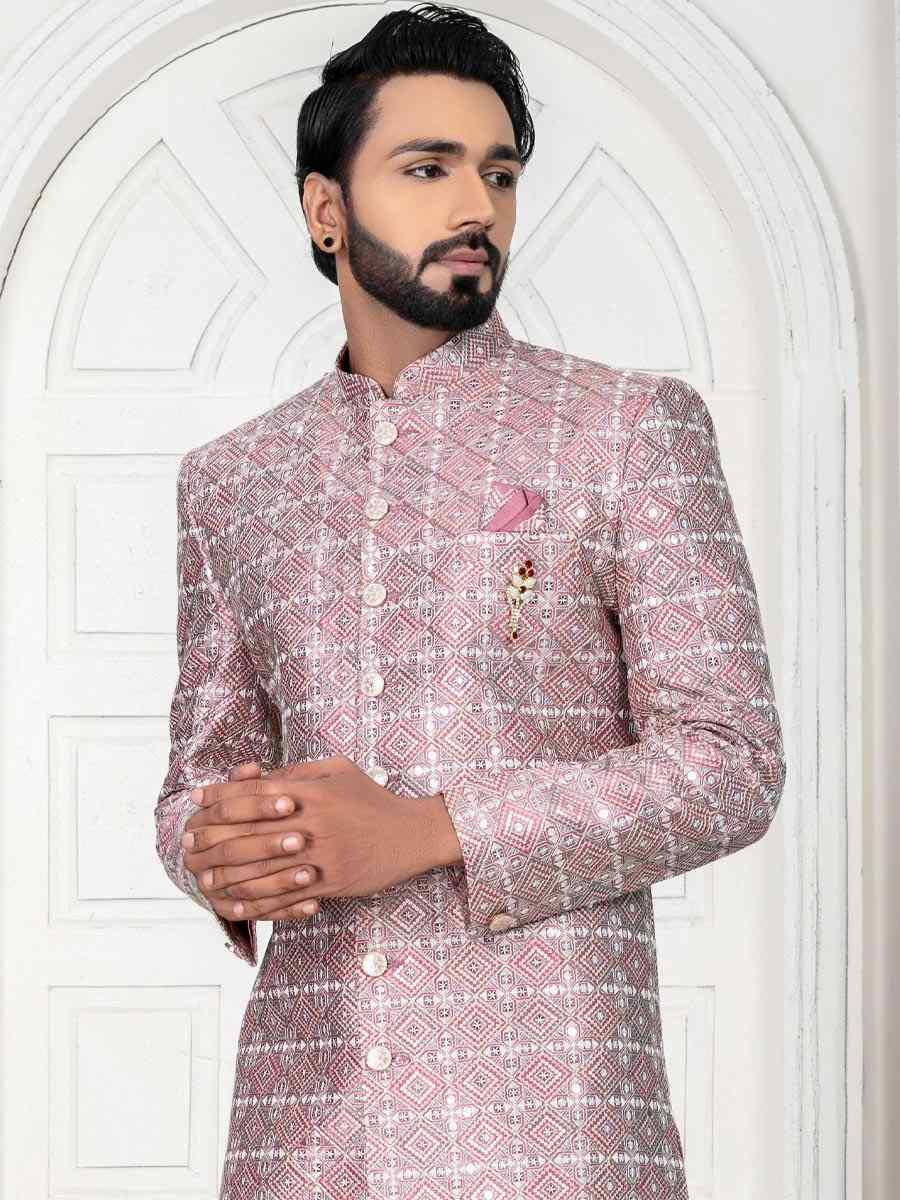 Pink Silk Embroidered Wedding Groom Sherwani