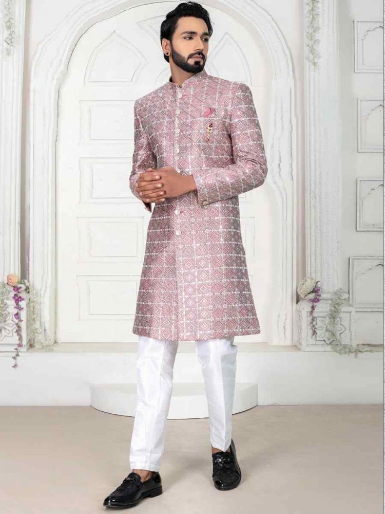 Pink Silk Embroidered Wedding Groom Sherwani