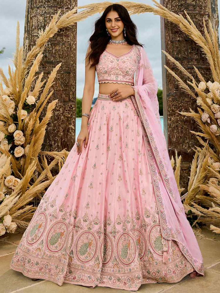 Image of Pink Silk Embroidered Wedding Reception Festival Heavy Border Lehenga Choli