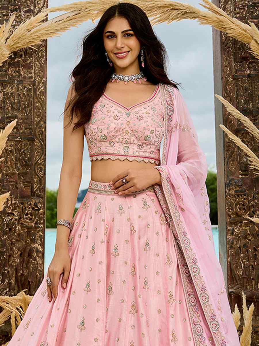 Pink Silk Embroidered Wedding Reception Festival Heavy Border Lehenga Choli