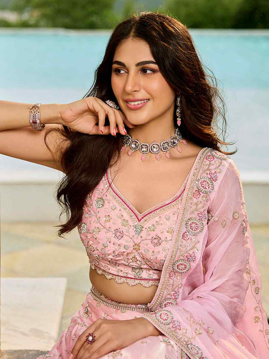 Pink Silk Embroidered Wedding Reception Festival Heavy Border Lehenga Choli