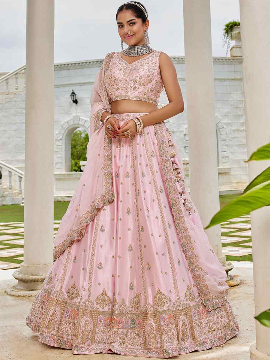 Pink Silk Embroidered Wedding Reception Festival Heavy Border Lehenga Choli
