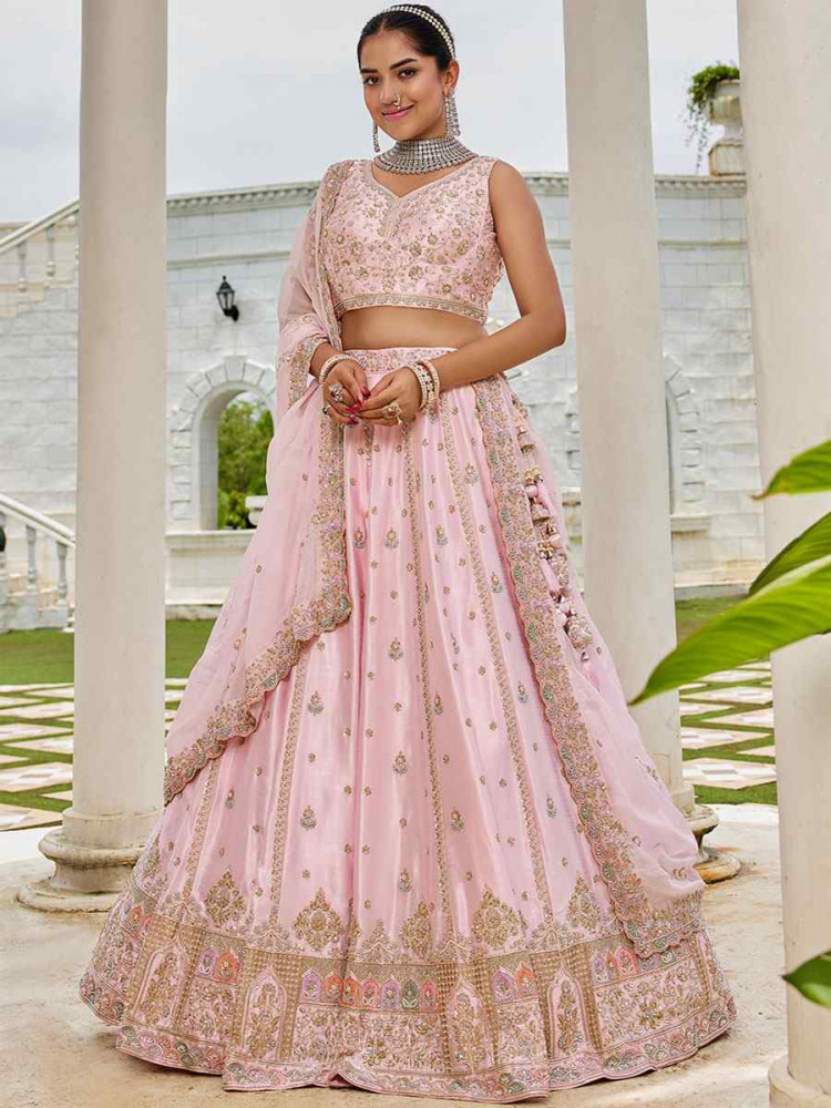 Image of Pink Silk Embroidered Wedding Reception Festival Heavy Border Lehenga Choli