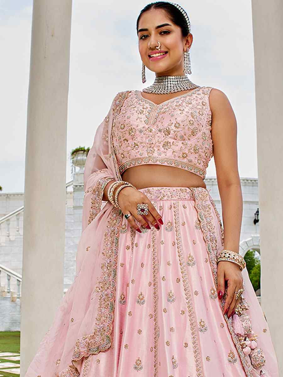 Pink Silk Embroidered Wedding Reception Festival Heavy Border Lehenga Choli