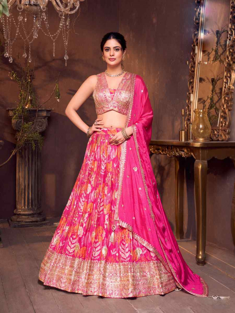 Image of Pink Silk Embroidered Wedding Reception Festival Ready Heavy Border Lehenga Choli