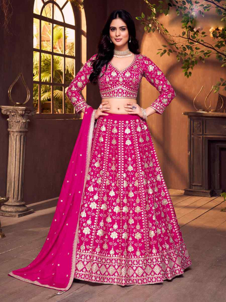 Image of Pink Silk Embroidered Wedding Reception Festival Ready Heavy Border Lehenga Choli