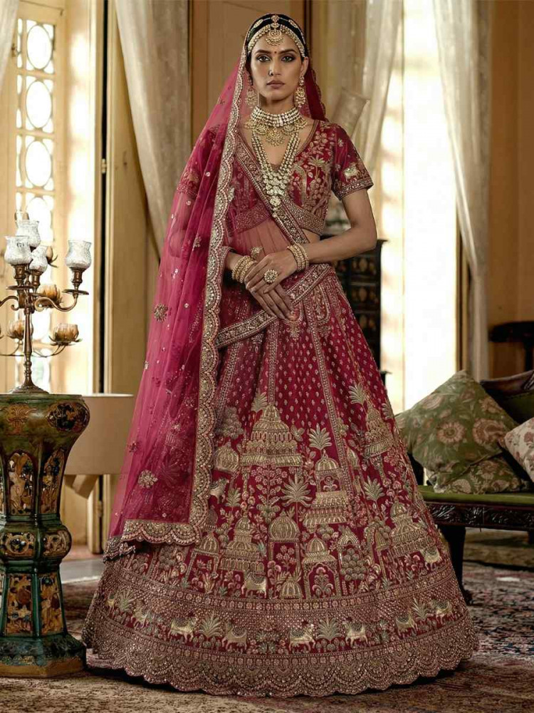 Image of Pink Silk Embroidery Bridal Wedding Reception Festival Heavy Border Lehenga Choli