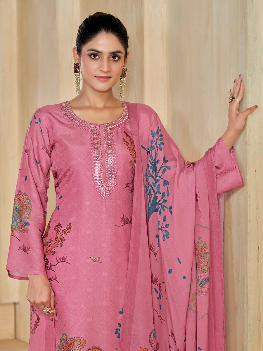 Pink Silk Embroidery Digital Printed Wedding Party Festival Casual Pant Salwar Kameez