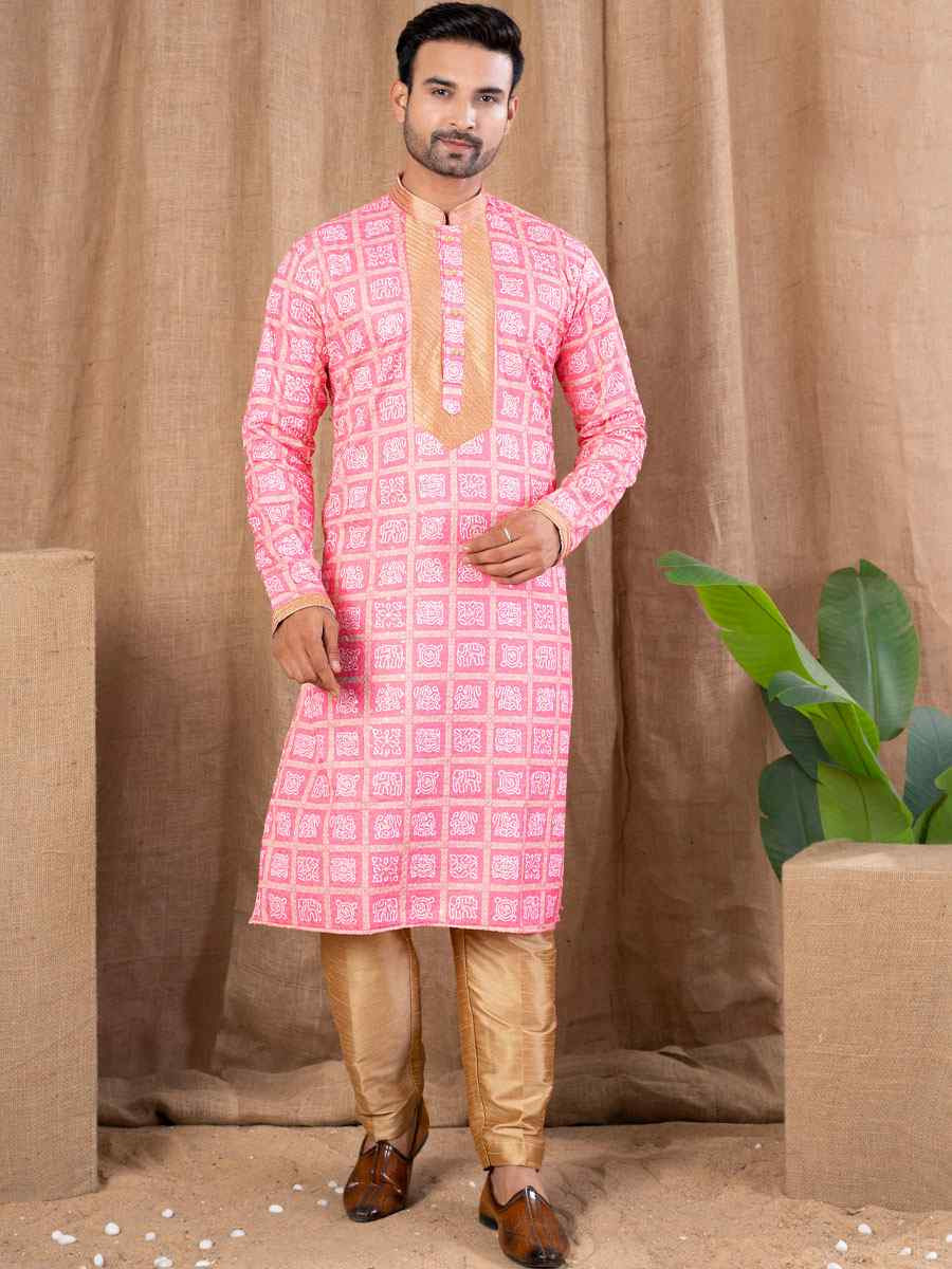 Pink Silk Embroidery Festival Wedding Party Mens Kurta