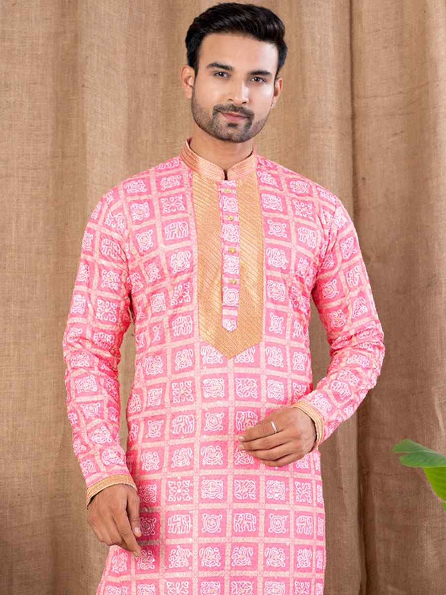 Pink Silk Embroidery Festival Wedding Party Mens Kurta