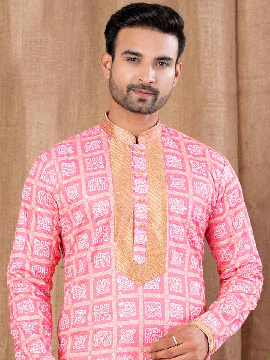 Pink Silk Embroidery Festival Wedding Party Mens Kurta