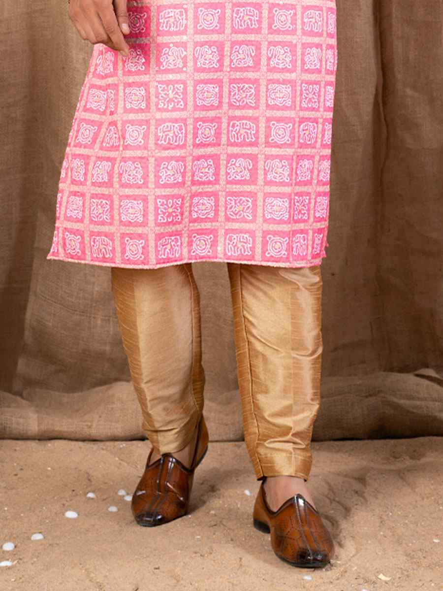 Pink Silk Embroidery Festival Wedding Party Mens Kurta