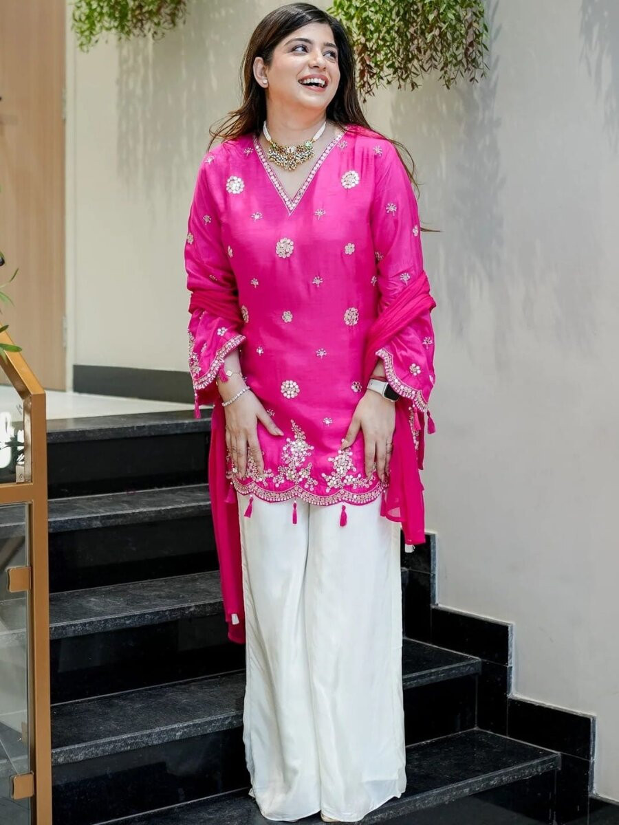 Pink Silk Embroidery Mirror Work Wedding Party Festival Casual Ready Palazzo Pant Salwar Kameez