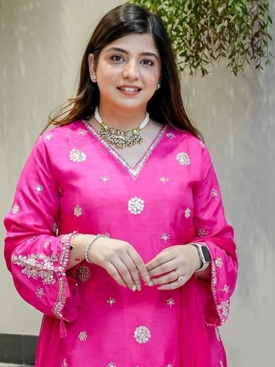 Pink Silk Embroidery Mirror Work Wedding Party Festival Casual Ready Palazzo Pant Salwar Kameez