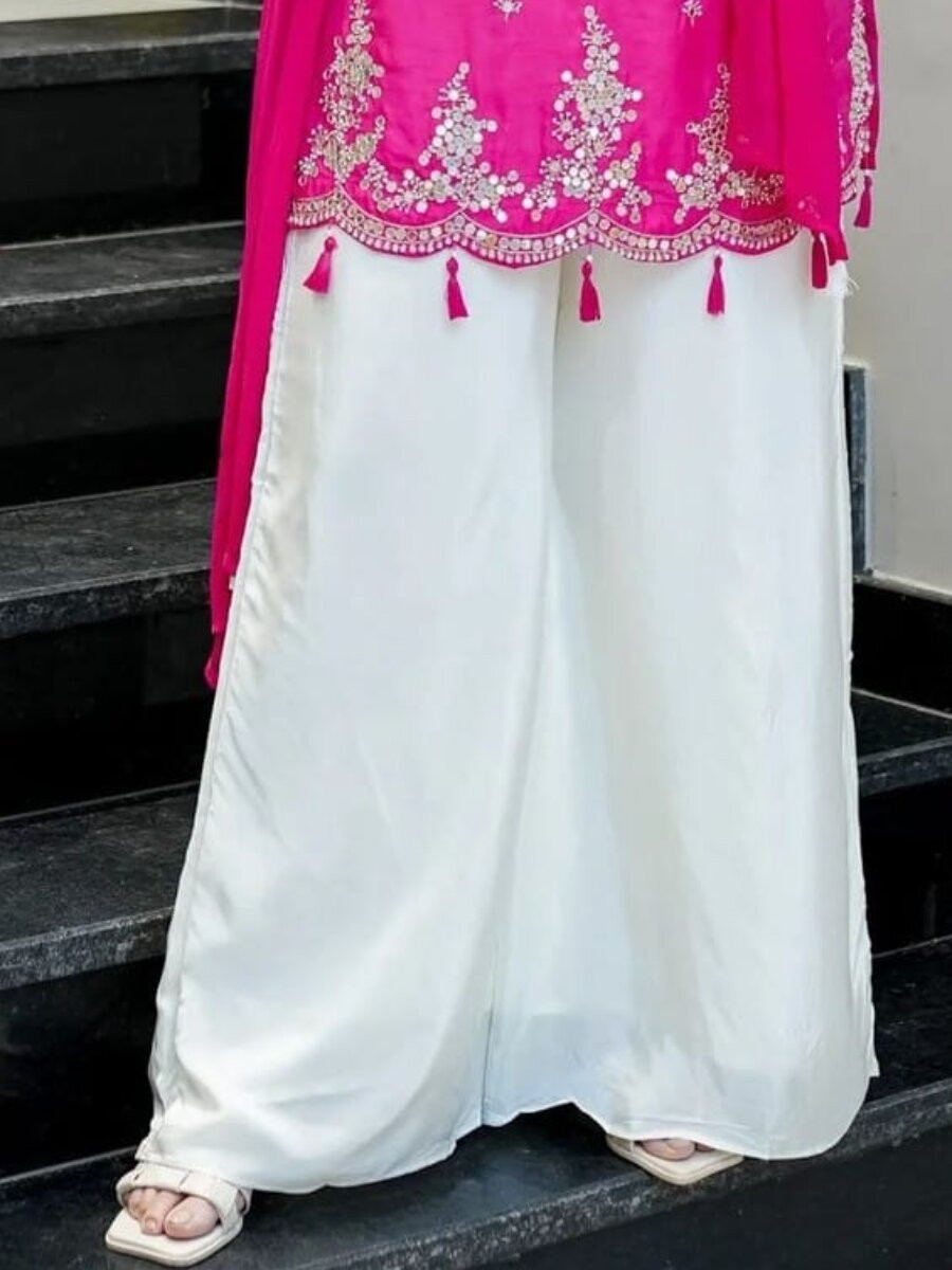 Pink Silk Embroidery Mirror Work Wedding Party Festival Casual Ready Palazzo Pant Salwar Kameez