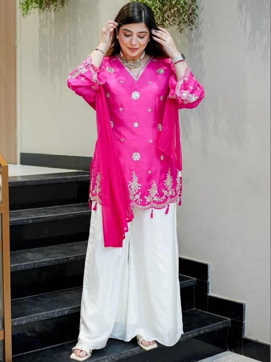 Pink Silk Embroidery Mirror Work Wedding Party Festival Casual Ready Palazzo Pant Salwar Kameez